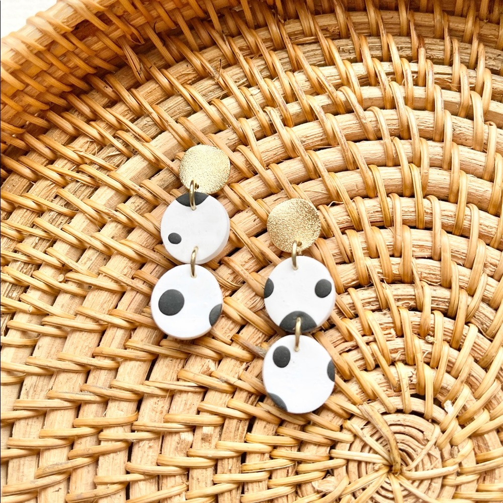 Handmade Polymer Clay Black & White Polka Dot Boho Drop Earrings - Picture 2 of 4